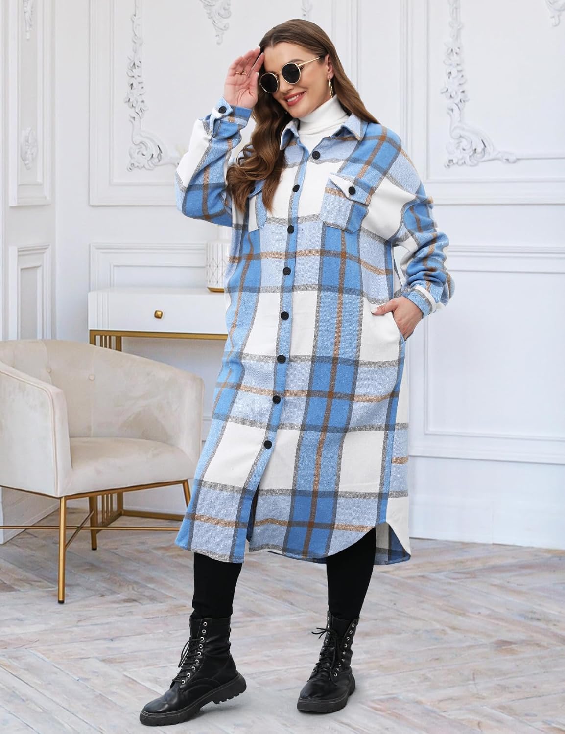 CYCLAMEN 2024 Women's Plus Size 1X-5X Long Flannel Plaid Shacket Jacket Calf-Length Button Down Coat Shirt Pocket Fall Winter - Image 6