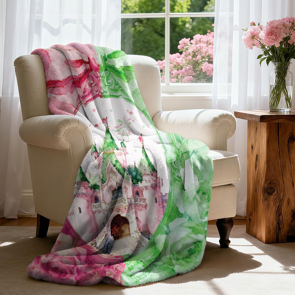 WADORN Witch Princess Castle Throw Blanket, Cozy Soft Pink & Green Bow Castle Throw Blanket Fuzzy 500GSM Flannel Fleece Blankets Plush Funny Castles Lover Gifts for Office Sofa Couch Chairs, 59x51