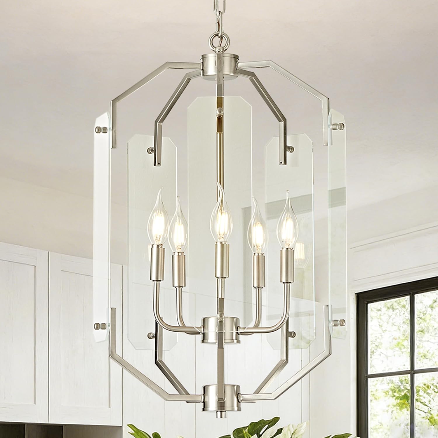 OKELI 15.7” Farmhouse Chandelier for Dining Room, 5-Light Brushed Nickel Chandeliers with Adjustable Chain, Hanging Glass Pendant Light for Entryway, Foyer, Kitchen Island, Living Room, E12