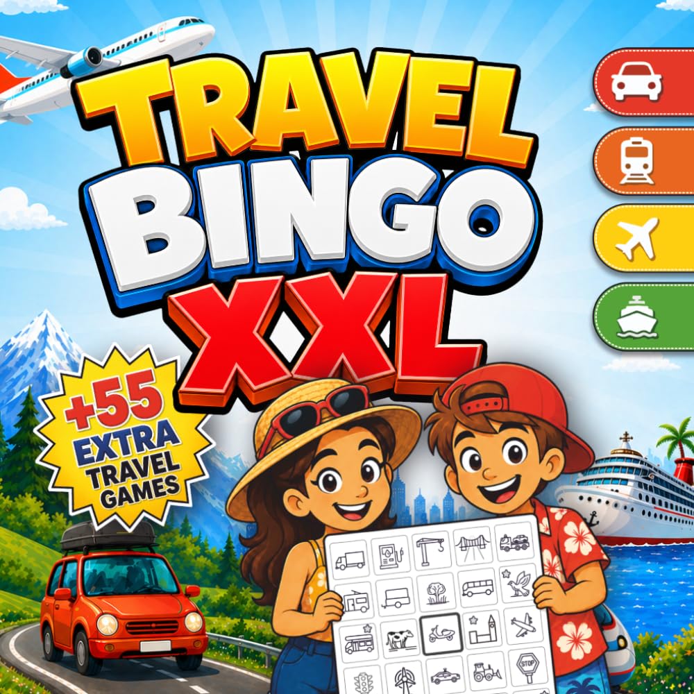 Travel Bingo XXL: Road Trip Bingo, Car Bingo & 55 Screen-Free Travel Games for Kids Ages 5+ | Car, Train, Plane & Cruise Activity Book | Travel Essentials For Kids | RoadTrip Games
