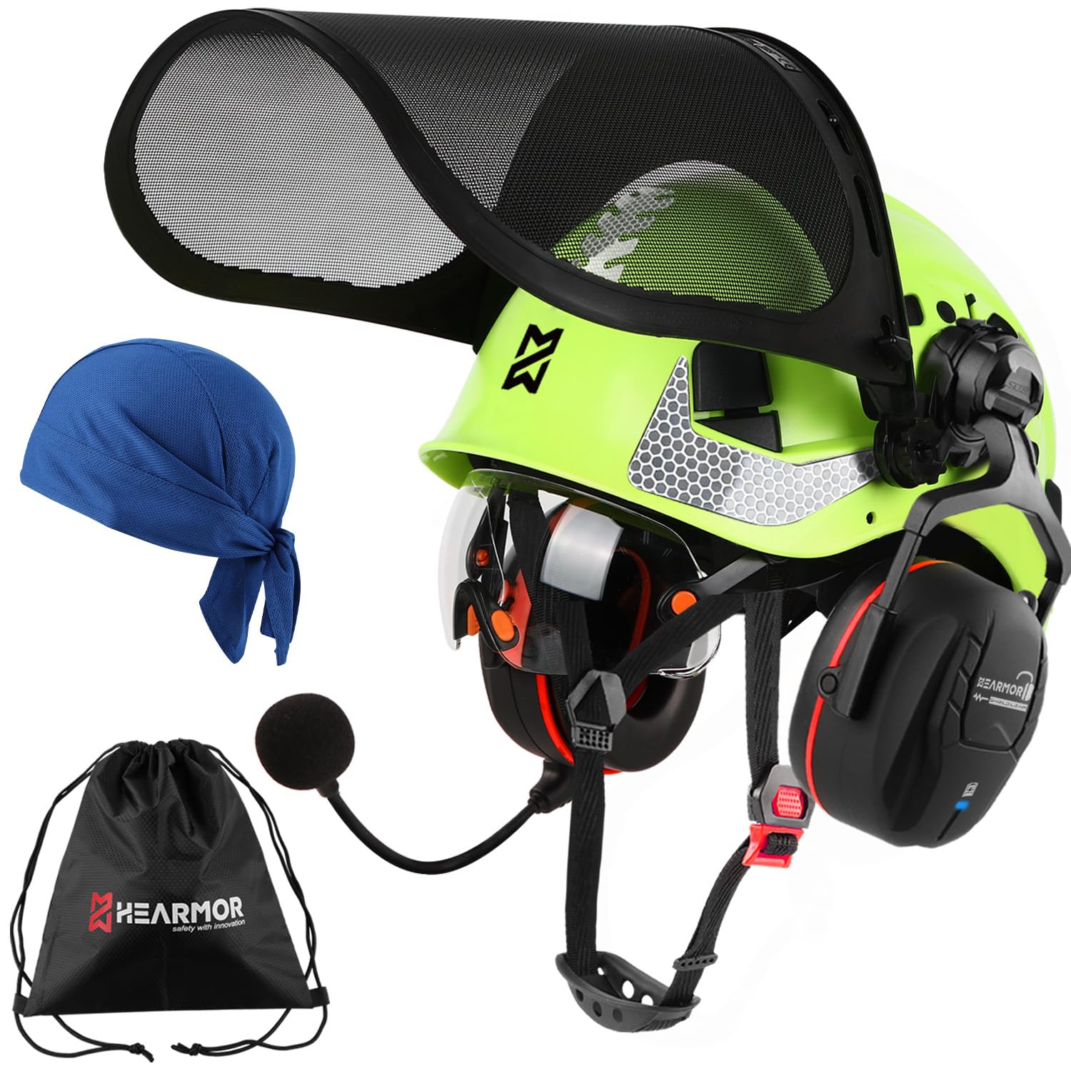 HEARMOR VOLTEK - Set di casco di sicurezza forestale, in ABS, con protezione per le orecchie, protezione completa per testa, occhi, viso e udito, antiurto, design ventilato