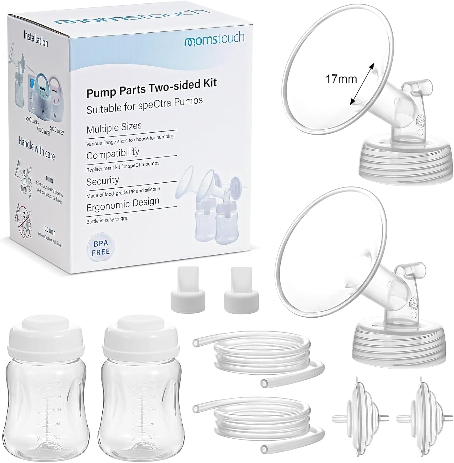 Pump Parts Compatible with Spectra S1/S2/9 Plus, Not Original Accessories, Full Set Replacements Include 17mm Flange, Duckbill Valve, Backflow Protector, Tubing and Bottle