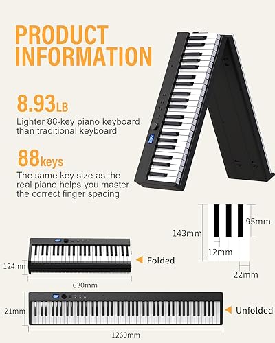 Vista 6 de KONIX Teclado de piano plegable, 88 teclas, tamaño completo, teclado plegable semiponderado, teclado electrónico portátil Bluetooth con soporte