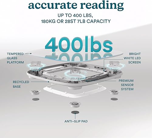 Miniatura 4 de Homedics Báscula digital de baño, iluminación central ambiental con detección de movimiento, vidrio templado elegante, medición de peso de alta