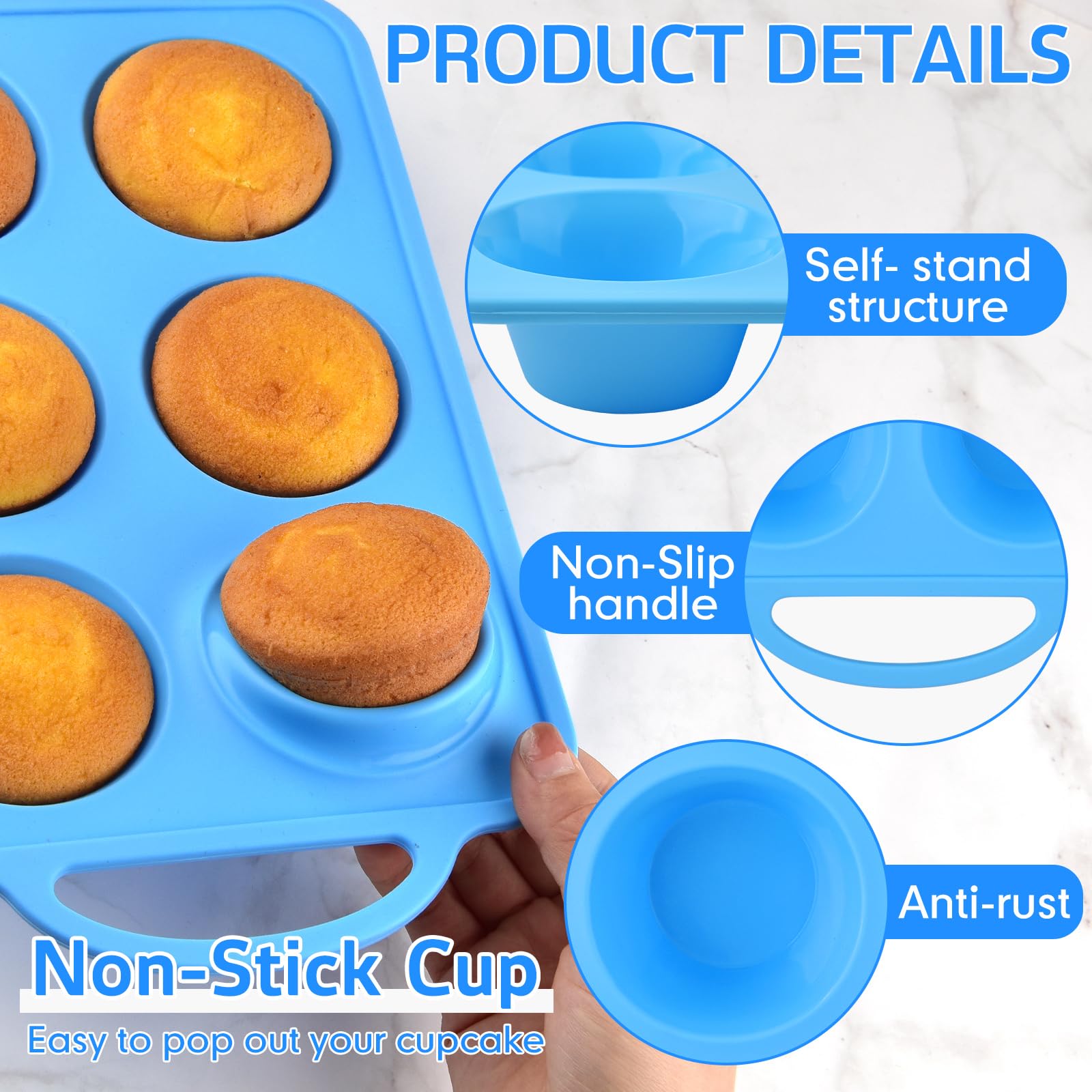3 moldes de silicona para cupcakes con marcos de metal, 6 tazas, moldes de silicona antiadherentes para hornear magdalenas, bandeja de silicona para magdalenas, mini molde para magdalenas (azul)