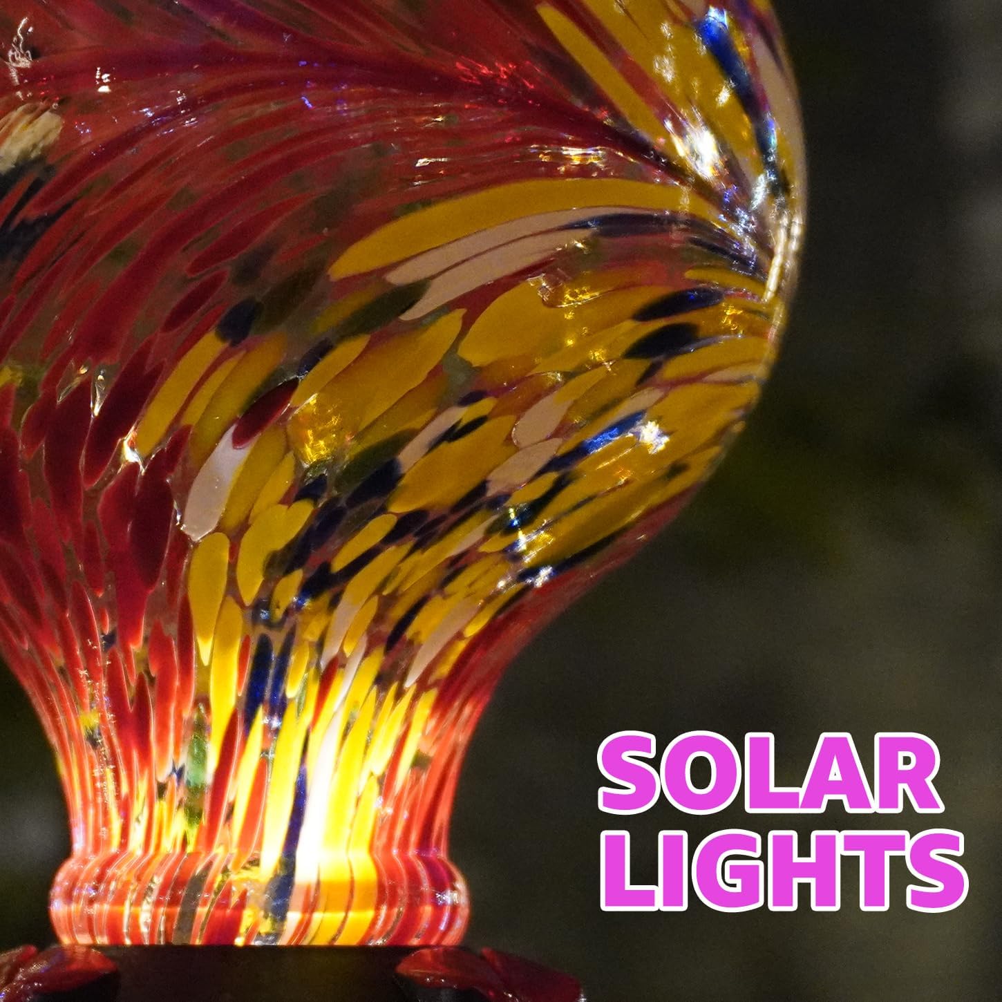 Hummingbird Feeder with Solar Powered Lights, Easy Clean Hole Handblown Glass Hummingbird Feeder for Outdoors Hanging, Red/Black - Image 3