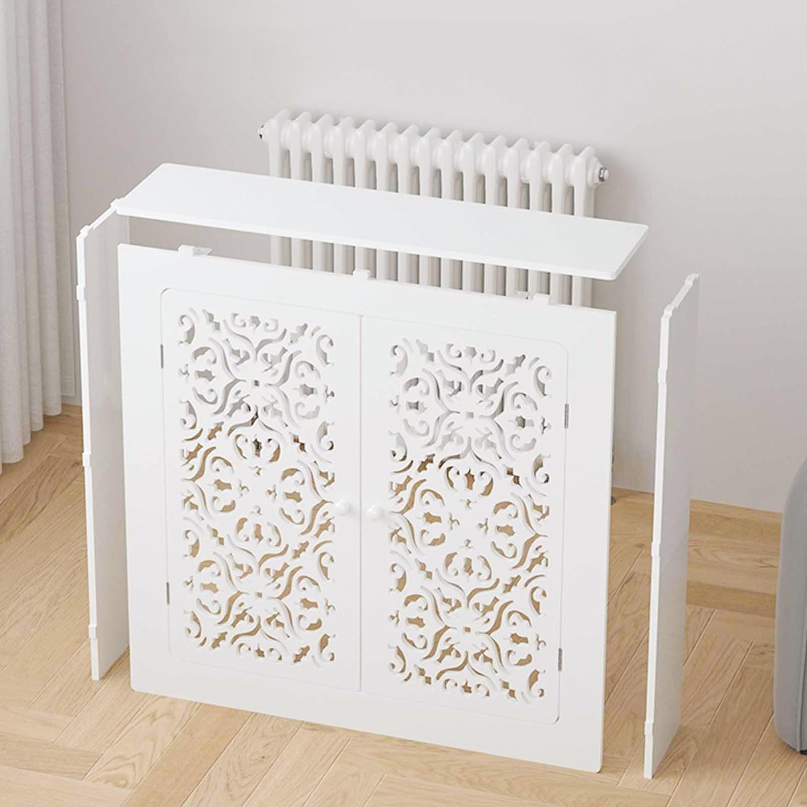 Moderno armario con cubierta de radiador de granja con estante Sto – Soporte de calentador para baño, cocina, oficina y habitación de Utili – Decoración rústica que ahorra espacio y funcional Sto