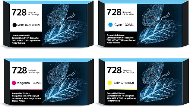728 Ink Cartridges 4-Pack Compatible with HP DesignJet T830 & T730