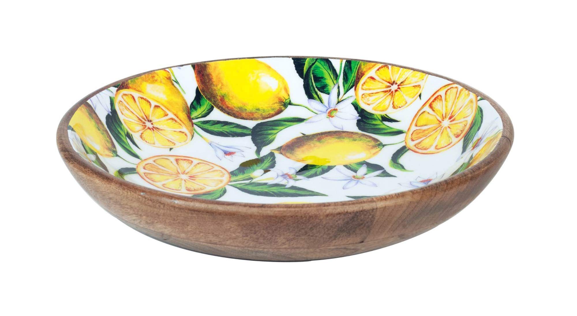 Großer Korb aus Mangoholz und Harz, Motiv: Zitronen, Durchmesser 30 cm