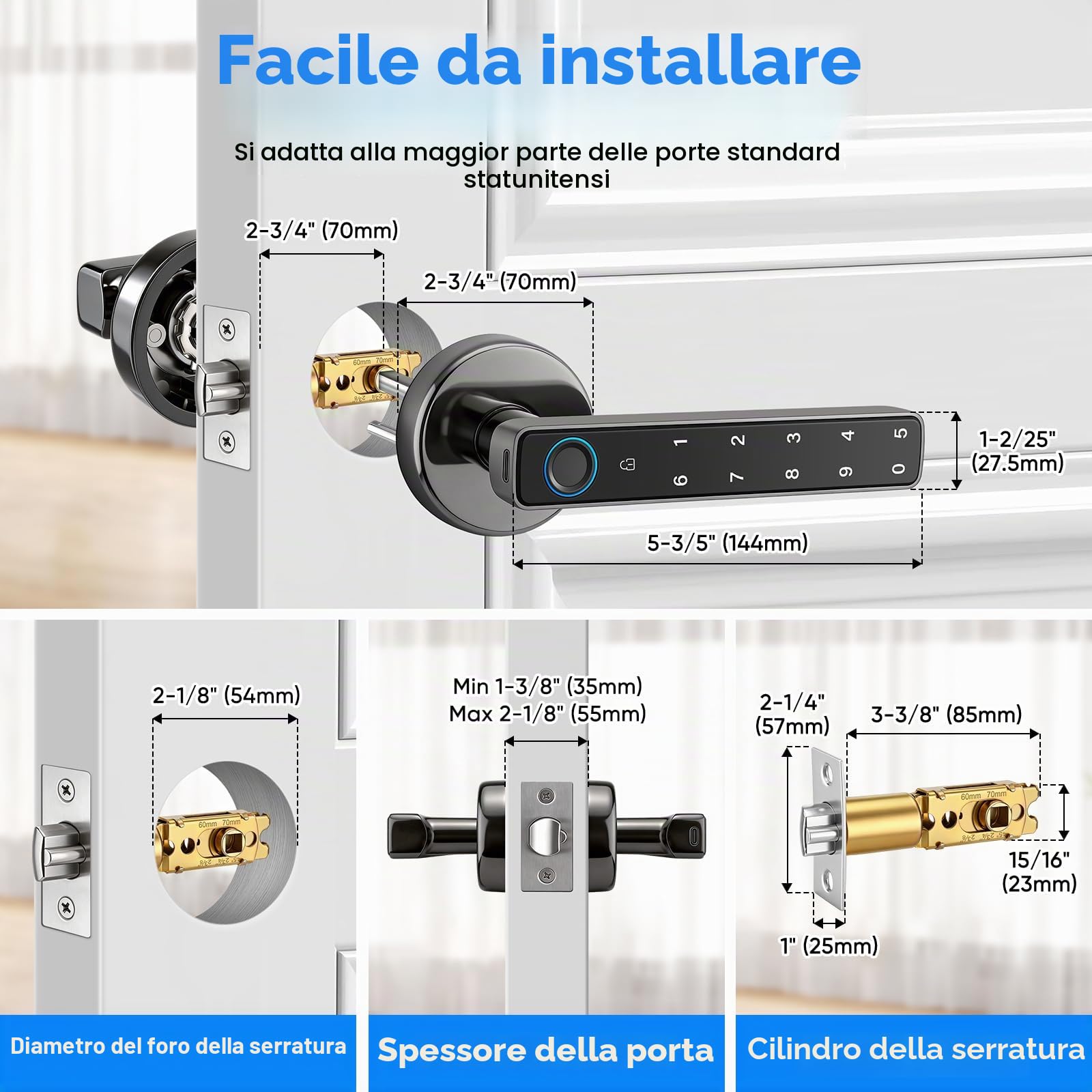 Serratura Intelligente per Porta,Impronta Digitale,Tastiera e Controllo APP | 5 Modalità di Sblocco: impronta/codice/badge/APP/chiave/chiusura automatica, senza chiavi per casa, ufficio, appartamento