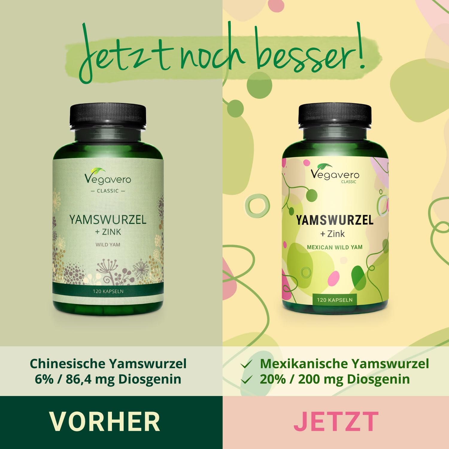 Vegavero Yamswurzel Kapseln hochdosiert 120 Stück - 1000 mg Wild Yam Extrakt 20:1 mit 20% Diosgenin & Zink - Dioscorea villosa hochdosiert - Vegan, ohne Zusatzstoffe