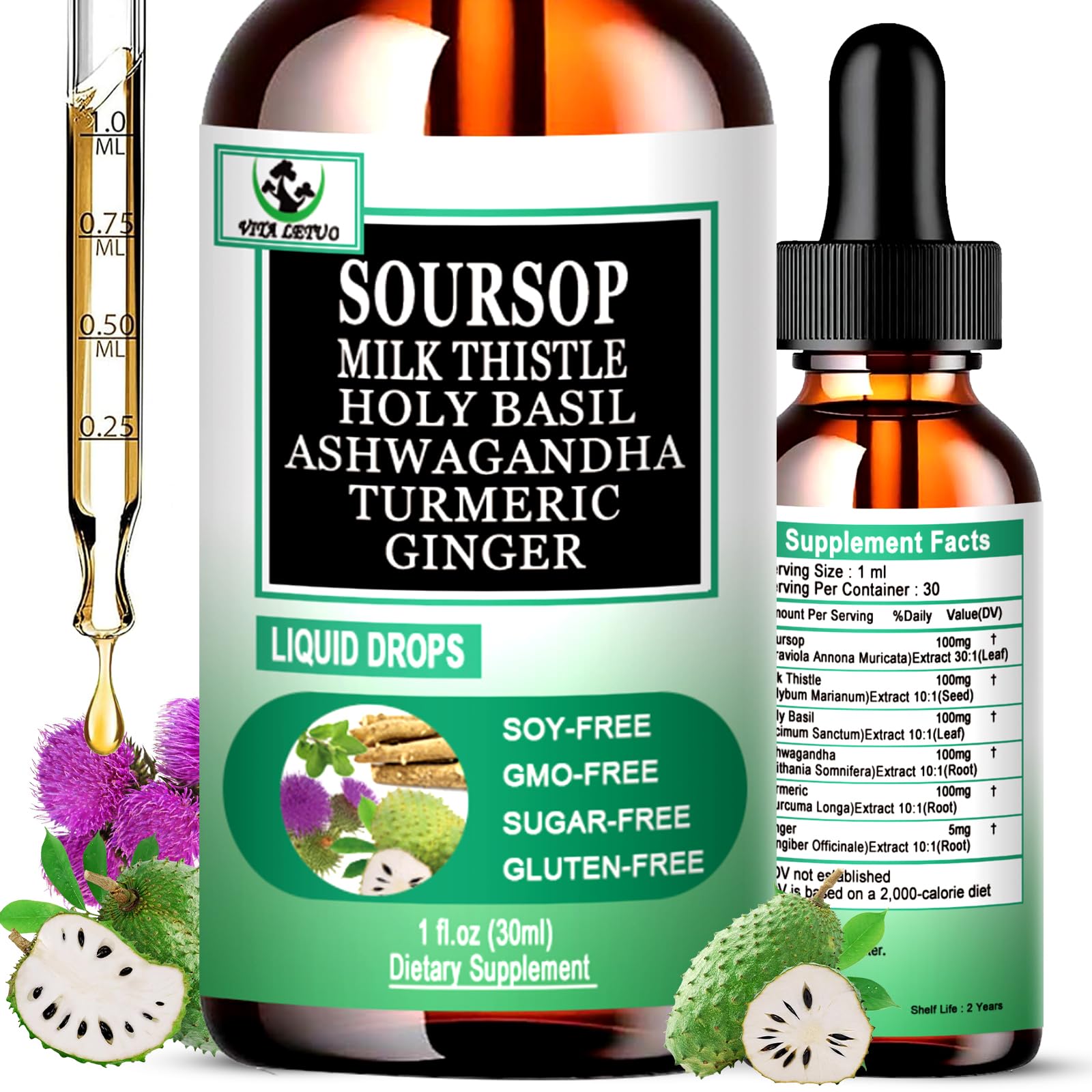 Soursop Liquid Drops, 6-in-1 Soursop Bitters Liquid with Milk Thistle Ashwagandha Holy Basil Turmeric-Multimineral Vitamins Superfood Drops for Immune