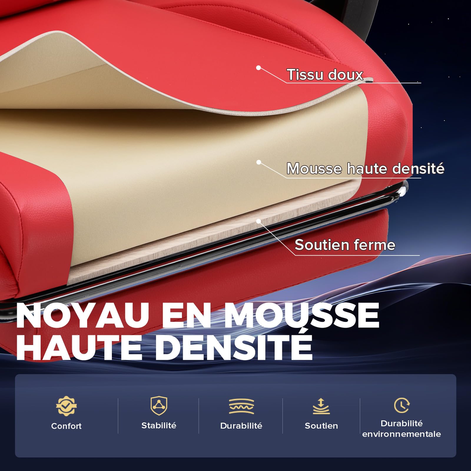 GTPLAYER Chaise Gaming Ergonomique, Fauteuil de Bureau avec Dossier Réglable et Élargi, Appuie-tête et Soutien Lombaire, Hauteur Réglable, Charge 150 kg, en Tissu Technique, Rouge