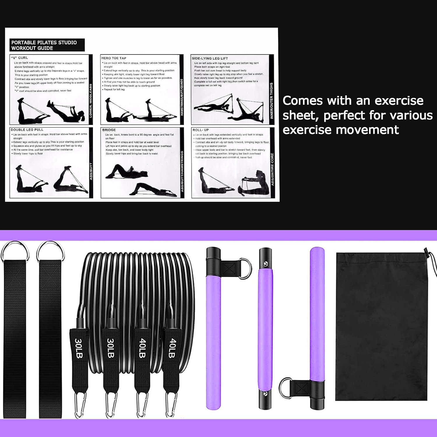 Pilates Bar Kit(Purple)-30lbs,40lbs ,Workout Sticks Bar with Stackable Bands 3-Section Pilates Bar Workout Equipment for for Full Body Exercising : Sports & Outdoors