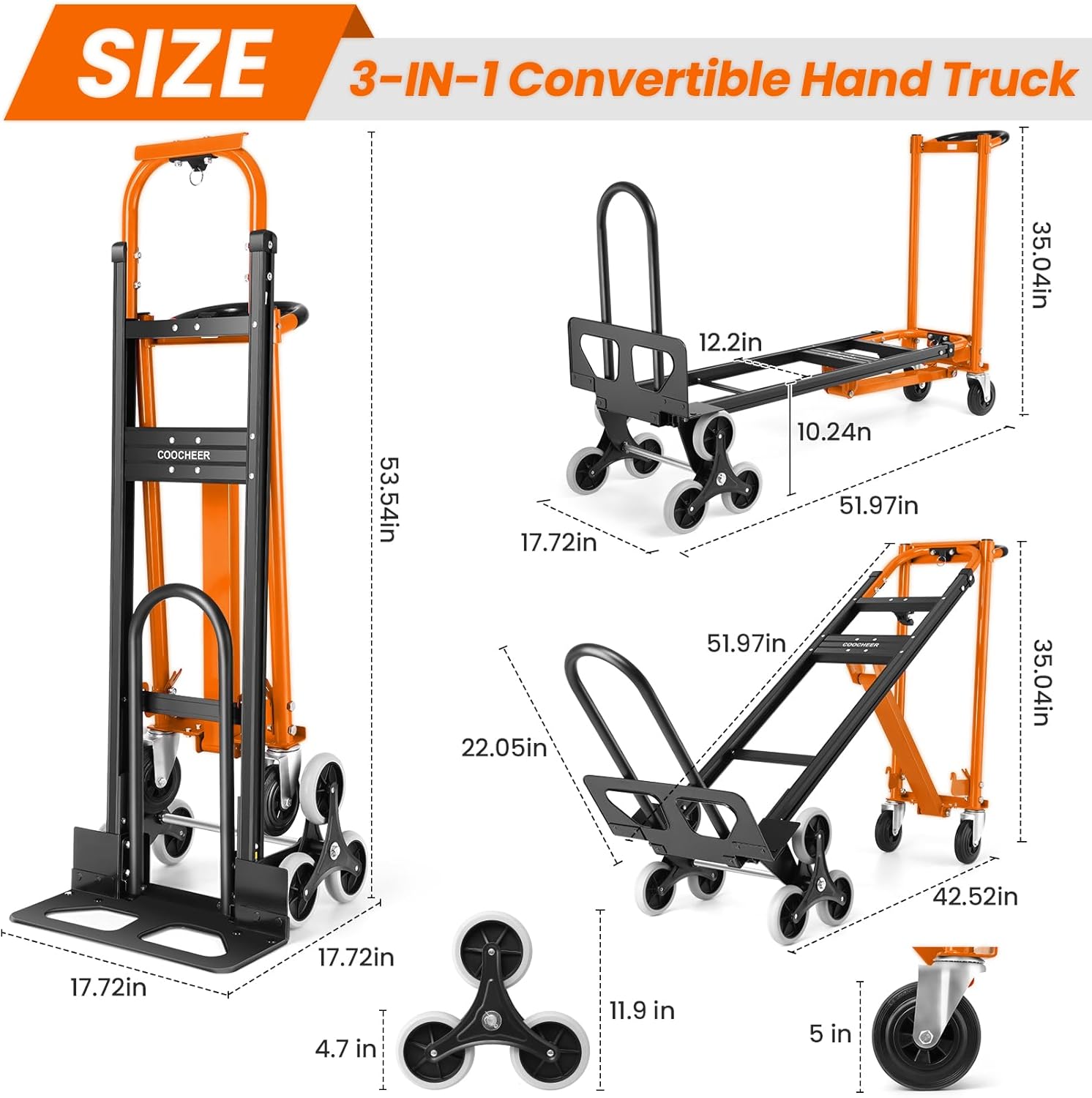 Heavy Duty Stair Climbing Hand Truck - 1000 LBS Capacity 4-in-1 Convertible Dolly Cart, Foldable Platform Utility Cart for Moving Boxes, Industrial Grade Steel Construction(Orange)