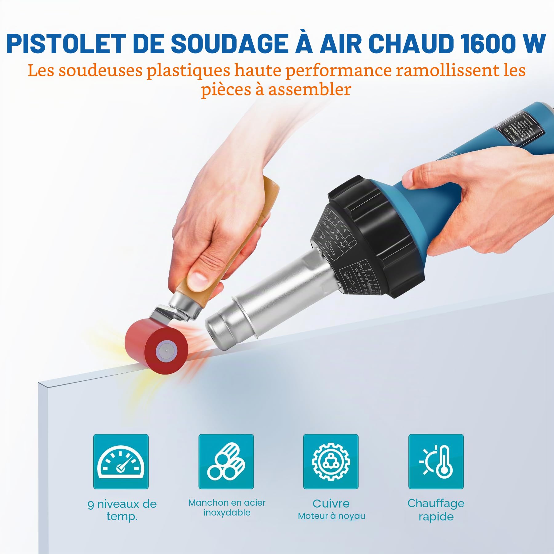 Sèche-air chaud 1600 W 220 V avec mallette en plastique et 2 accessoires, pistolet à air chaud, 40 ℃ à 650 ℃ réglable pour vinyle, PE PVC, avec tige en plastique, rouleau, buse