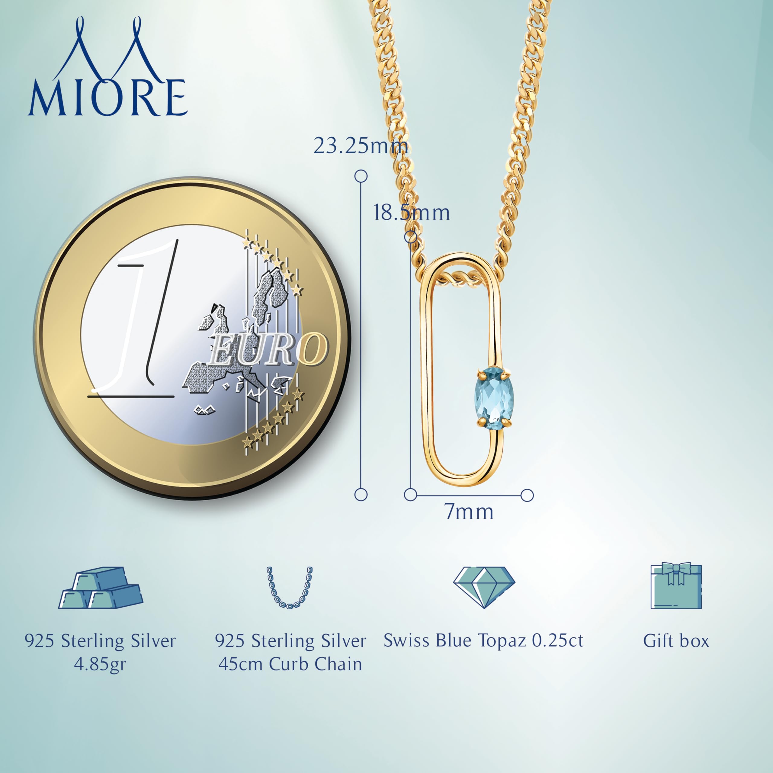 MIORE Collana Donna Argento Placcata Oro Giallo 18KT, Catenina con Ciondolo Ovale in Argento 925 anallergico e Topazio Blu Naturale. Catena Cm 45.