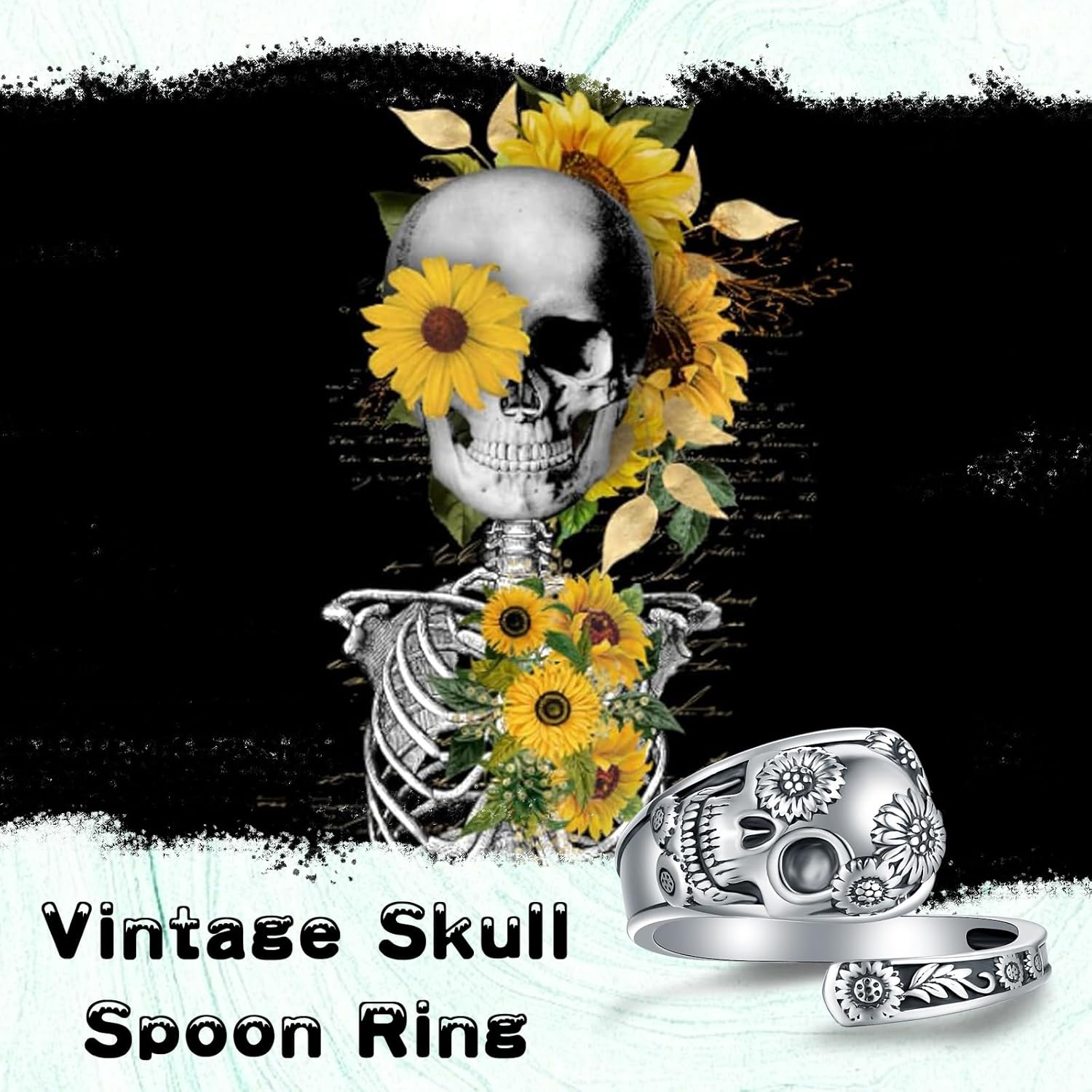 Skull Spoon Rings for Women 925 Sterling Silver Gothic Skull Ring Sunflower Statement Ring Thumb Vintage Victorian Jewelry gift for Women Adjusting