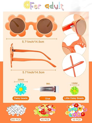 Miniatura 2 de 10 pares de lentes de sol de flores para adultos de 5.71 pulgadas, gafas de protección UV con 50 dijes de margaritas, 200 cuentas de letras al azar