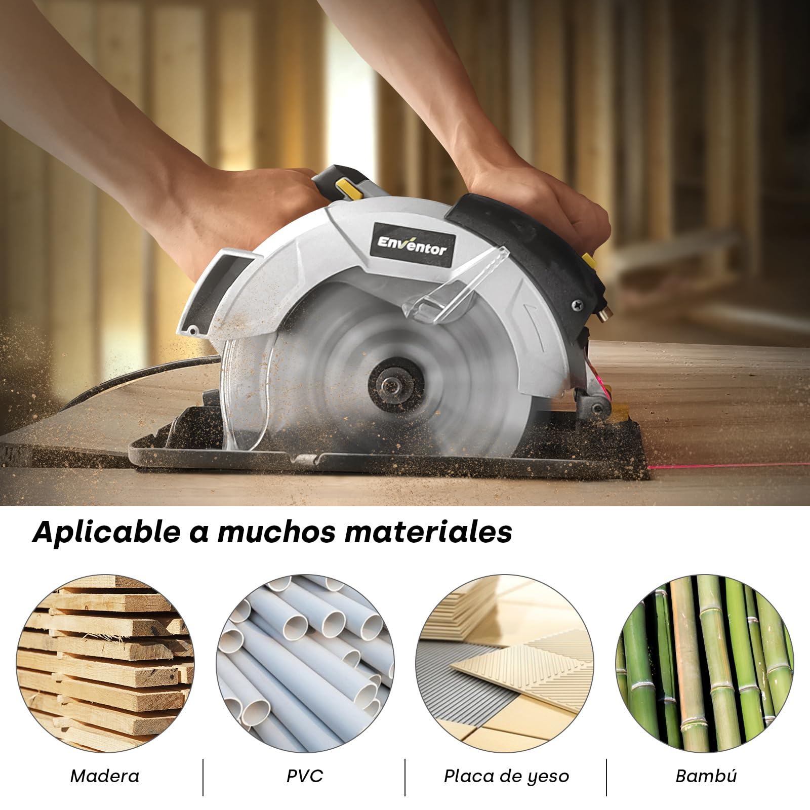 Enventor Sierra Circular 1200W, Sierra Circular de Mano 5800RPM, 2 Hojas de Sierra de 24T+40T(Ø185mm), Corte 62mm(90°)/42mm(45°), Guía Láser, para Cortar Madera, Metal Blando, Plástico