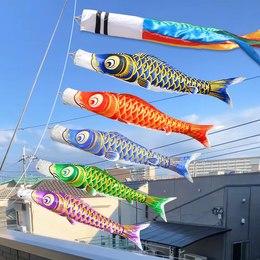 Gold Foil Koinobori 5-Carp Streamer Set with Stand