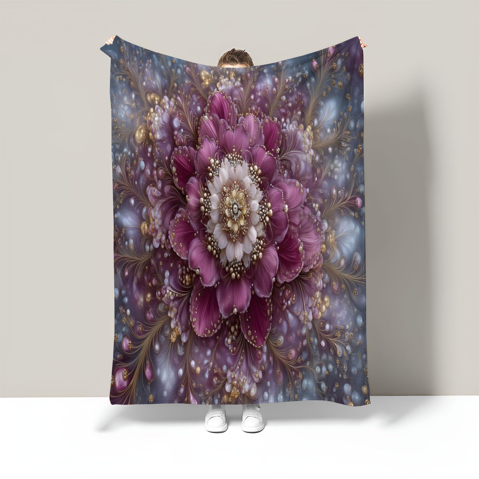 Manta De Mandala De Perla 3D, Manta Ligera De Forro Polar con Floral Lujoso para Niños Mujeres, Ciruela Mantas De Franela Suaves, Sábana Cálida Adecuada para Invierno, 220X240Cm