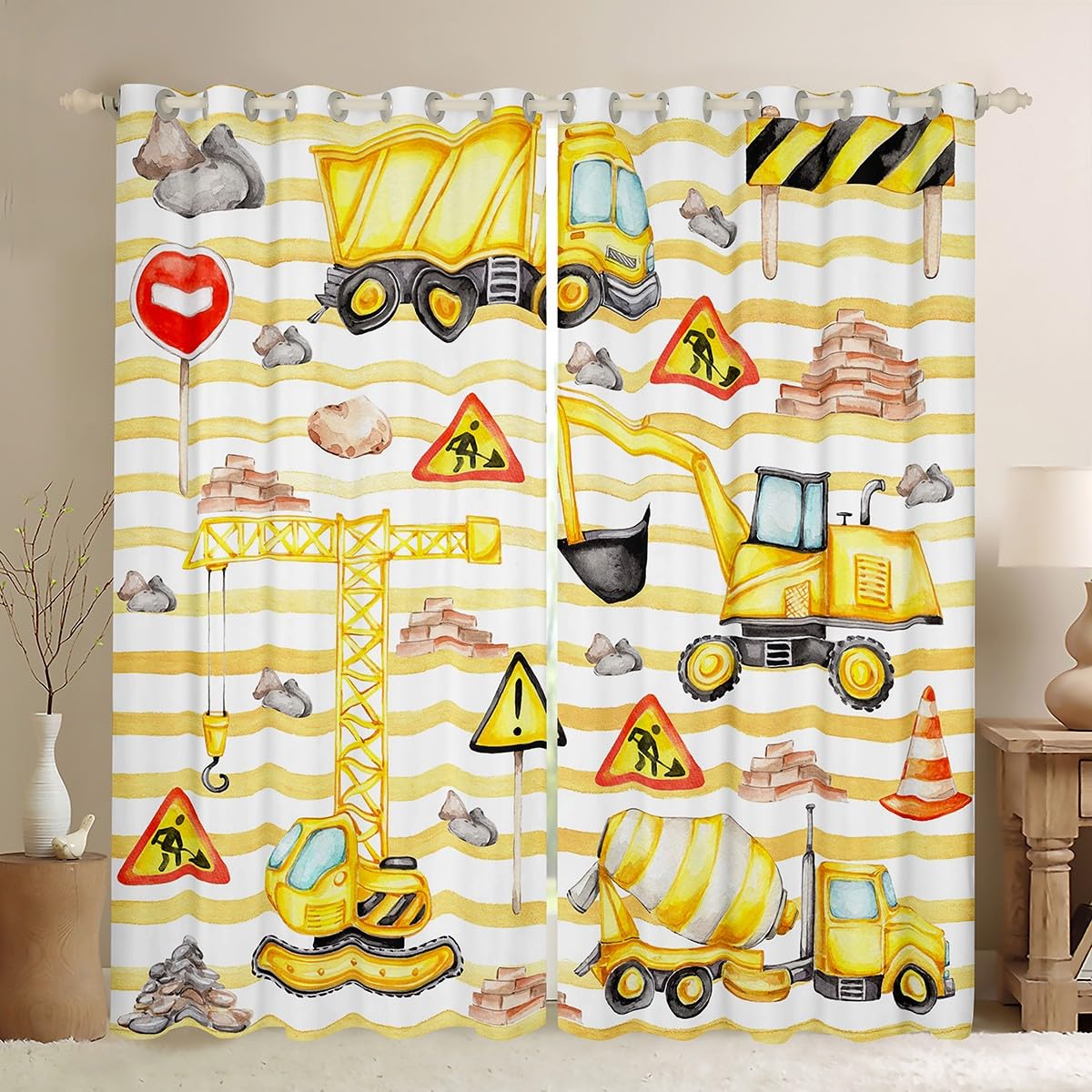 Homemissing Cartoon Car Blackout Curtains(30%-50%) Construction Window Curtains for Boys Girls Yellow Excavator Window Dreapes Construction Site Cars Window Treatments W46*L72 โ image 1