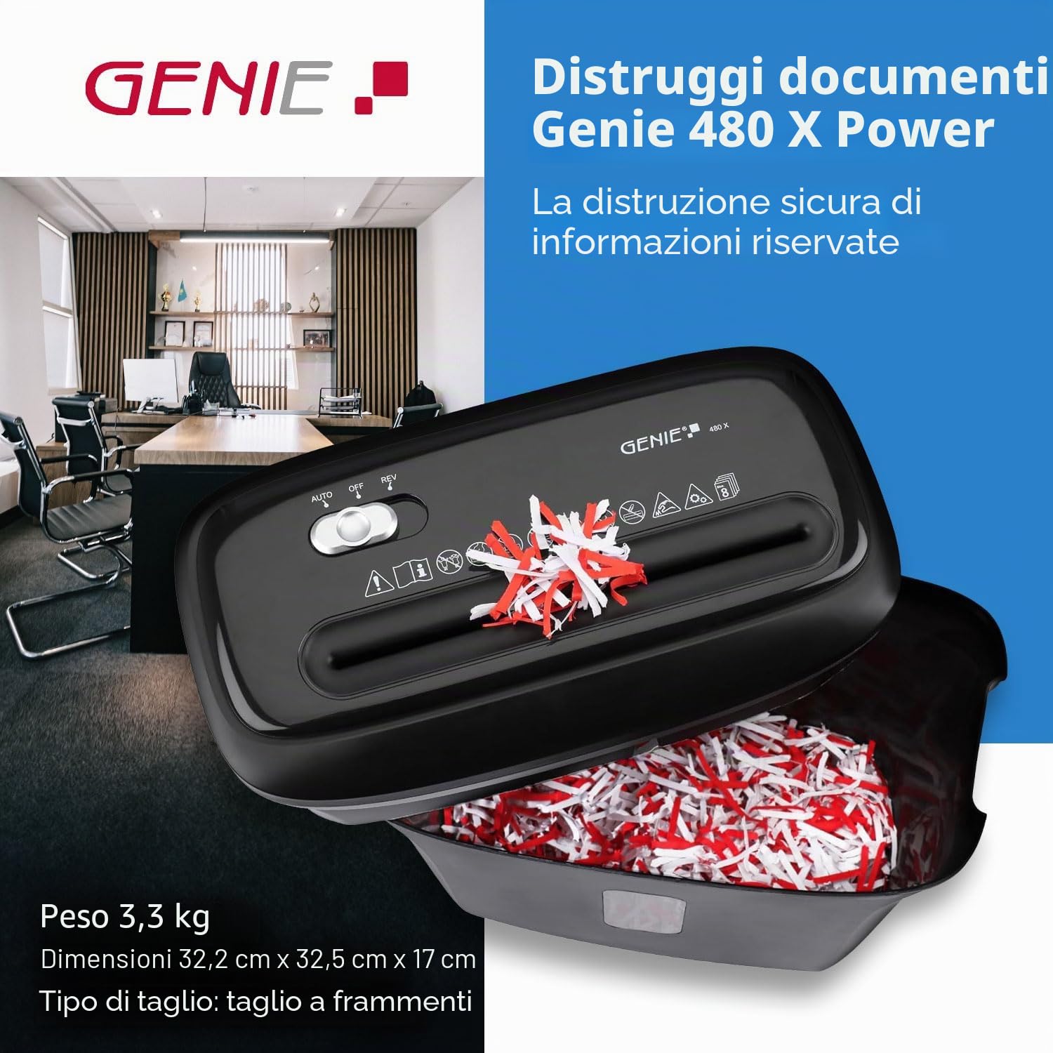 Genie - Distruggidocumenti Power 480 X | Alto livello di sicurezza P4 con fino a 8 fogli di taglio a particelle | Distruggidocumenti con cestino da 12 l in nero