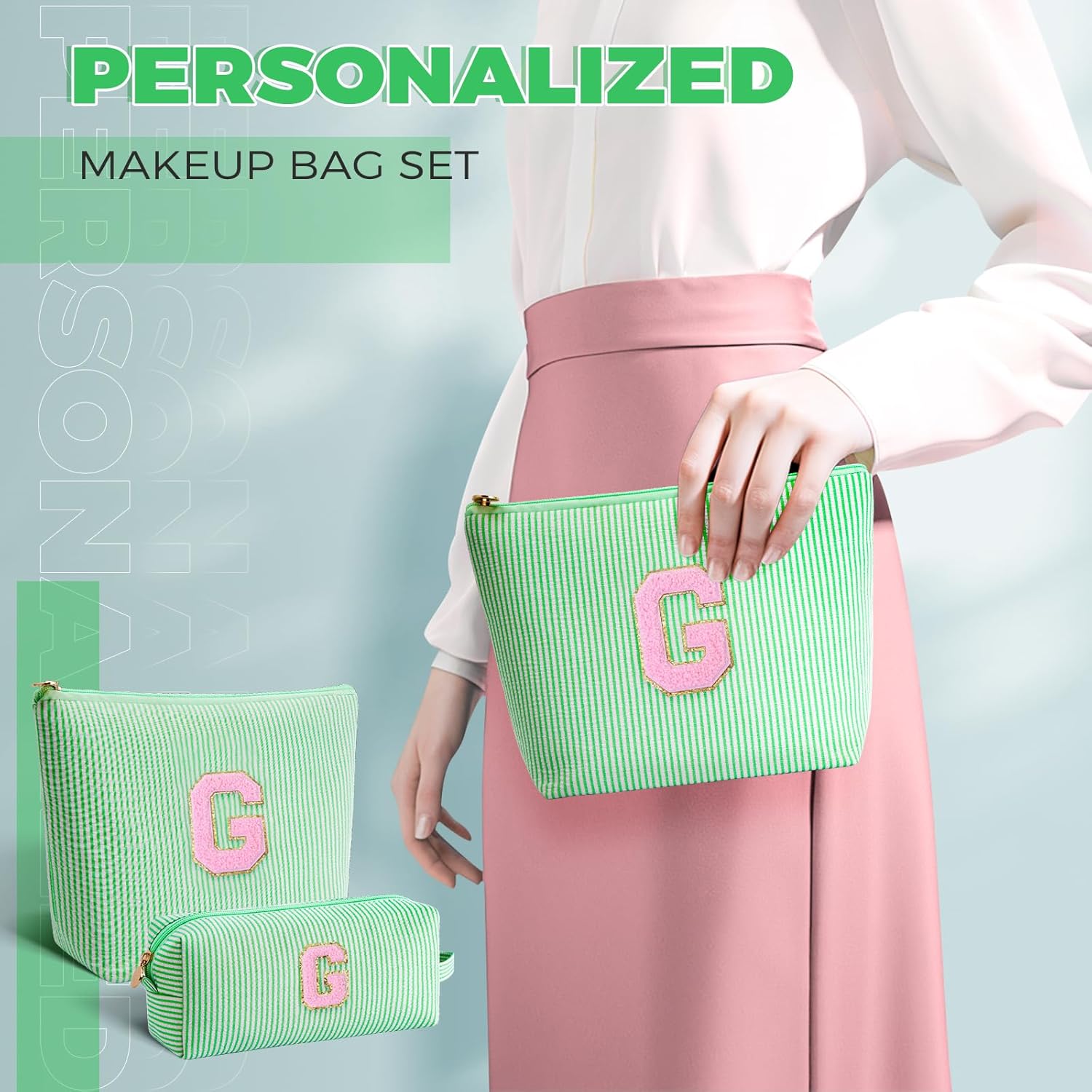 Personalized Makeup Bag for Women Girls - Fashion Cosmetic Bag Trendy Travel Toiletry Bag with Initials Letter - Teen Gifts - Green,G - Image 3