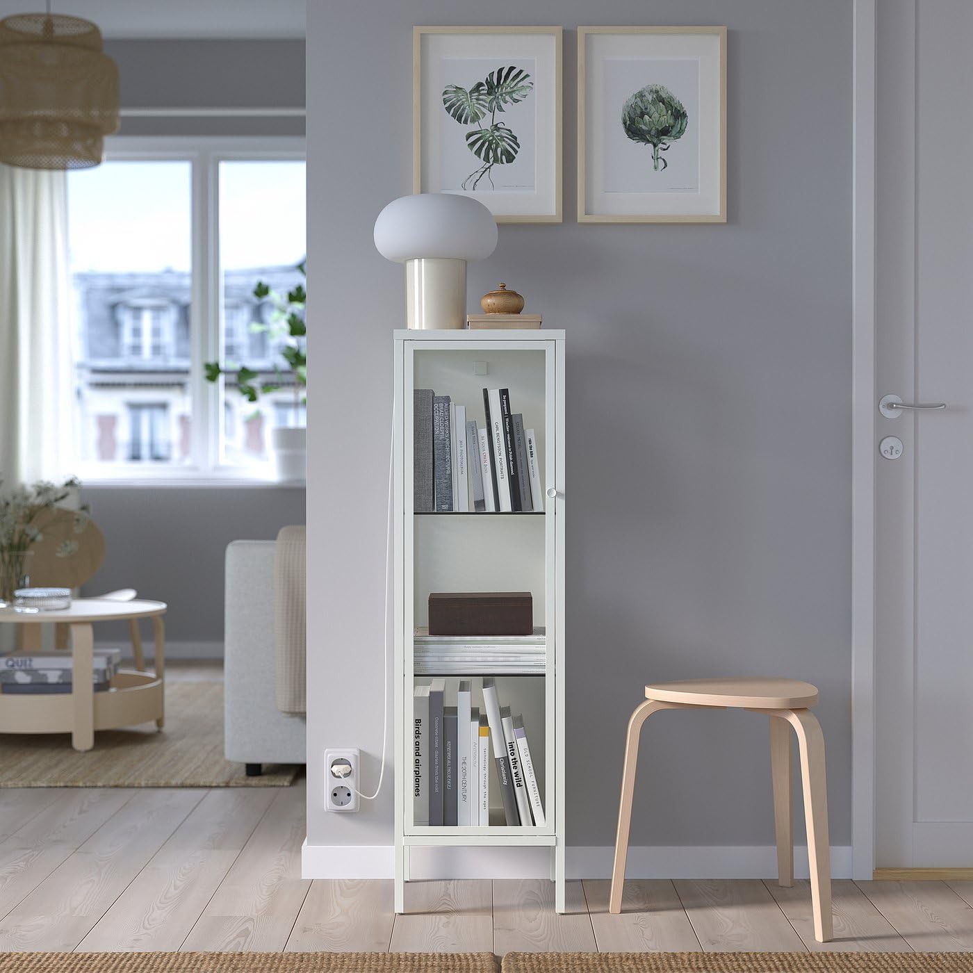 Glass-Door Cabinet, Metal/White, 13 ⅜″ × 11 ¾″ × 45 ⅝″ – Slim Display Storage with Tempered Glass Shelves and Adjustable Feet, Modern Storage for Living Room