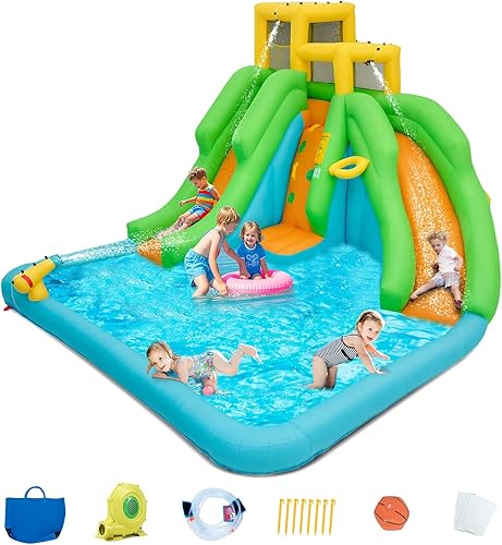 OLAKIDS Tobogán acuático inflable, casa de rebote 6 en 1 con 2 toboganes, pared de escalada, piscina de salpicaduras, borde de baloncesto, pistola