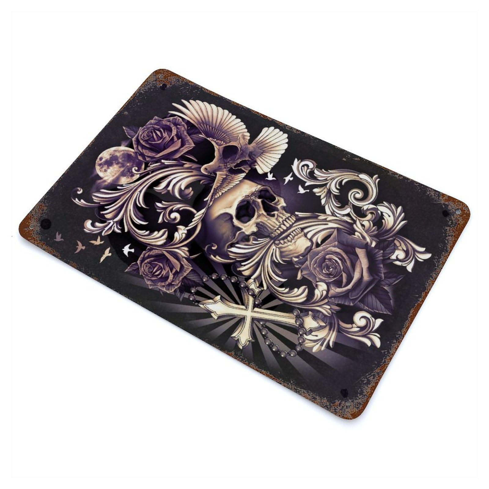 Skull with Dove Filigree Rustic Tin Plaque 11.8"x7.9", for Living Room, Hallway And Home Decor, Decorative Metal Wall Art