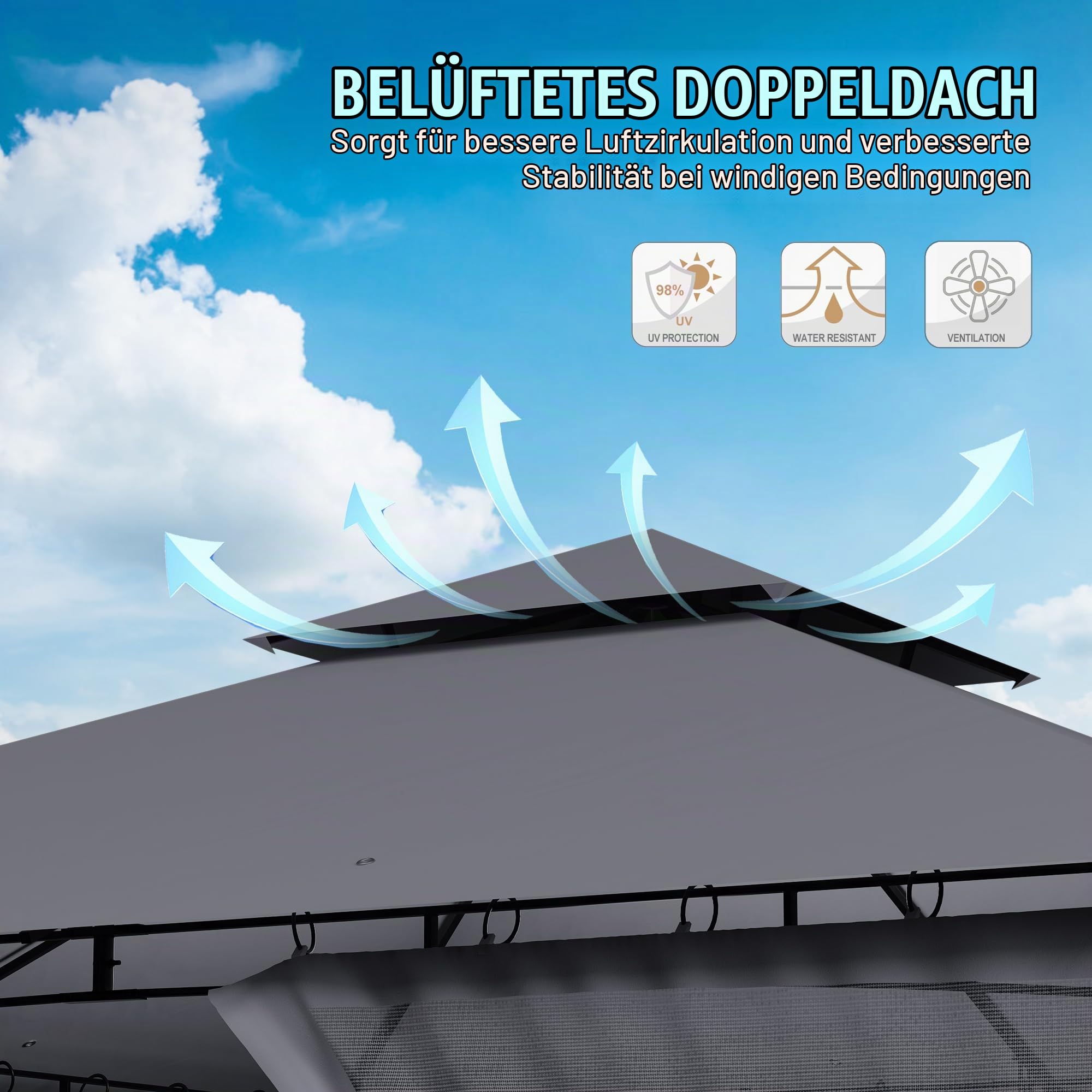 UDPATIO Pavillon 3,35x3,35m Wasserdicht Stabil Winterfest, Gartenpavillon mit Doppeldach, Moskitonetz und Metallrahmen, Doppeldach Gartenlaube für Garten, Terrassen (Grau)