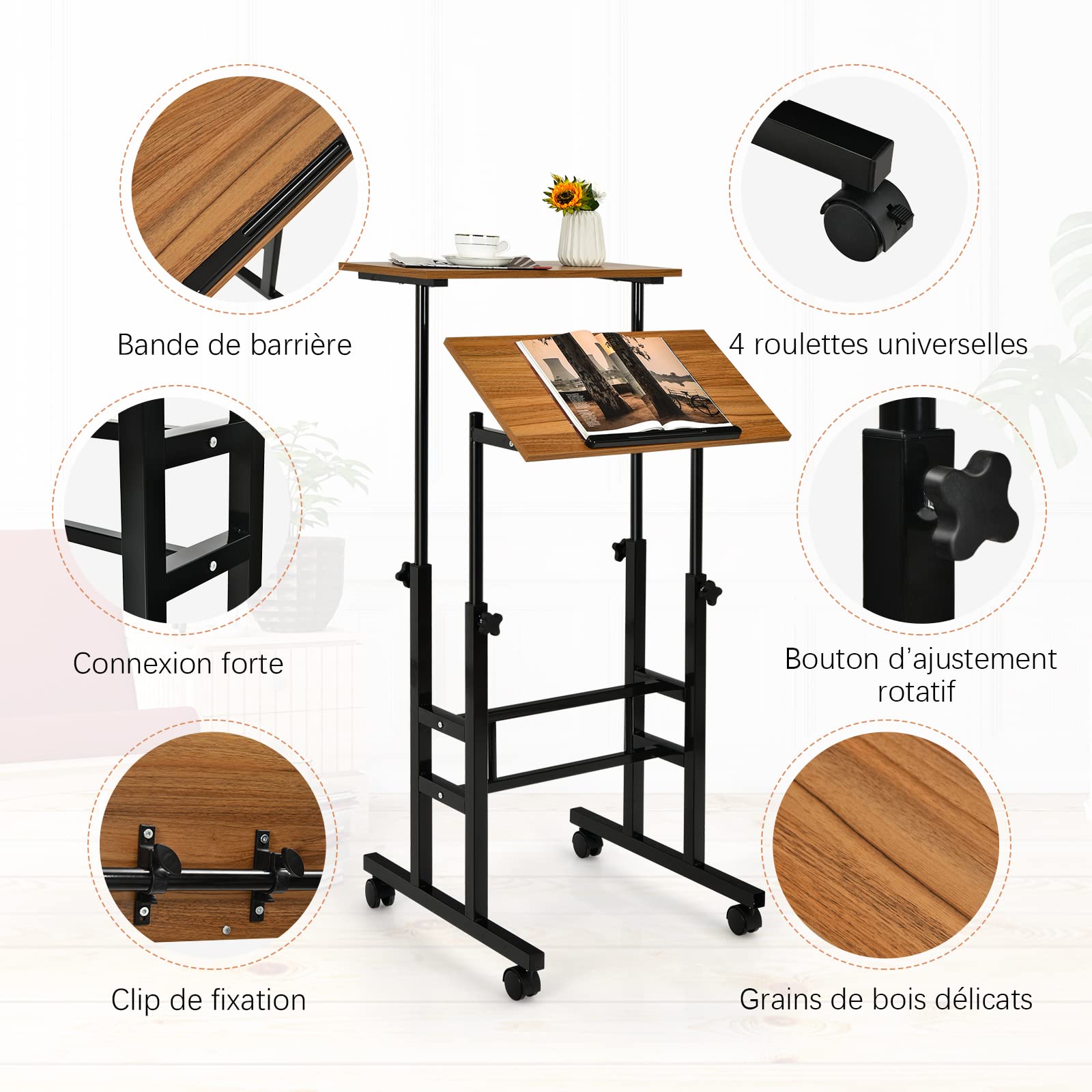 GOPLUS Bureau d'Ordinateur Assis-Debout Réglable en Hauteur 2 en 1, Poste de Travail à roulettes Verrouillables Portable Réglable 60x60x72-123cm (Noyer)