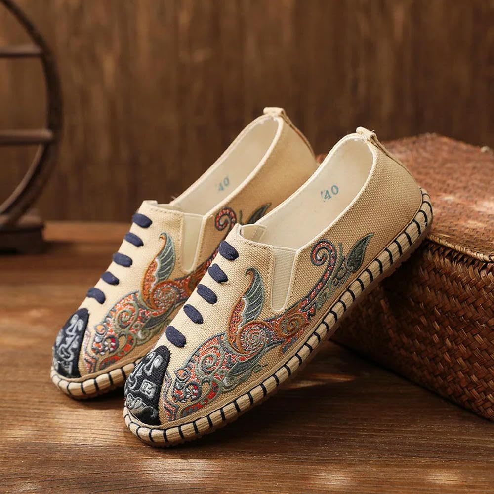 ZBDP - Espadrillas da uomo in tela, fatte a mano, stile giapponese, comode, scarpe da guida ricamate, Modello 1 Bianco, 41 1/3 EU