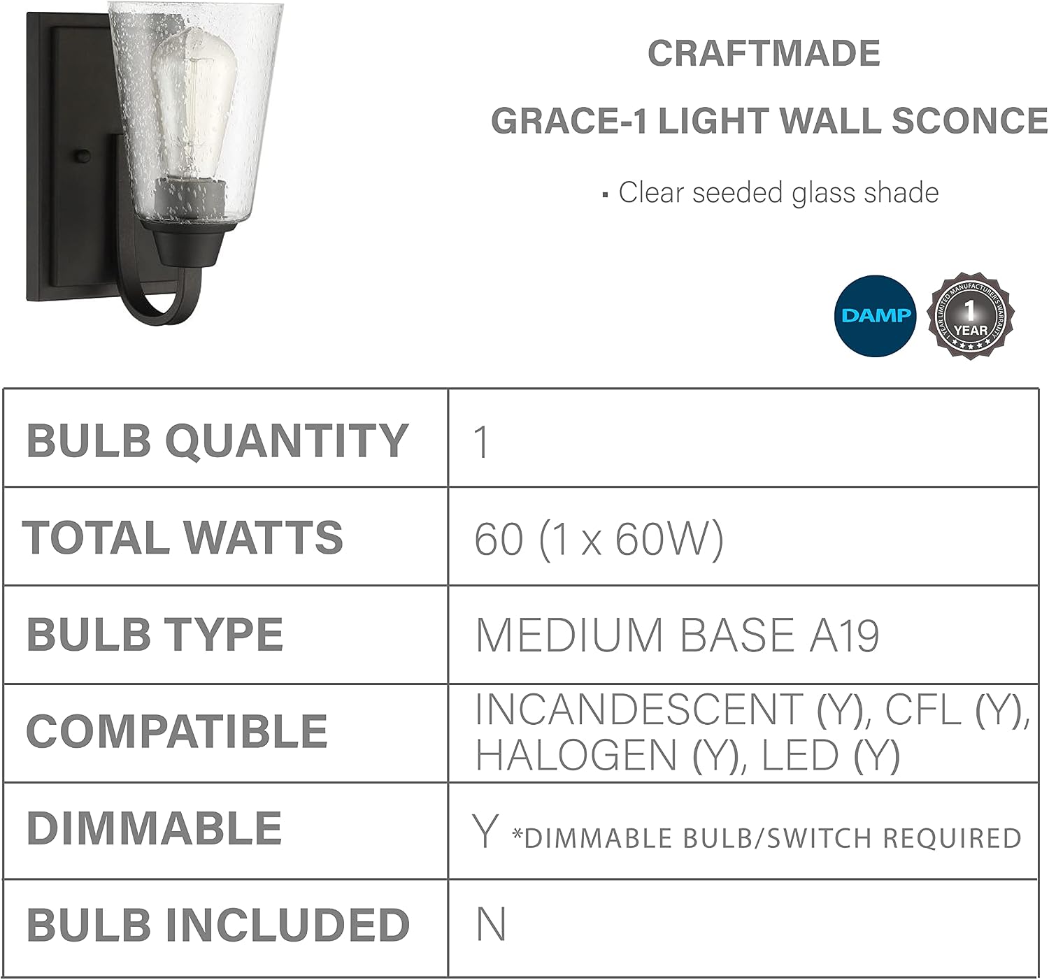 Craftmade Grace 1 Light Wall Sconce Espresso
