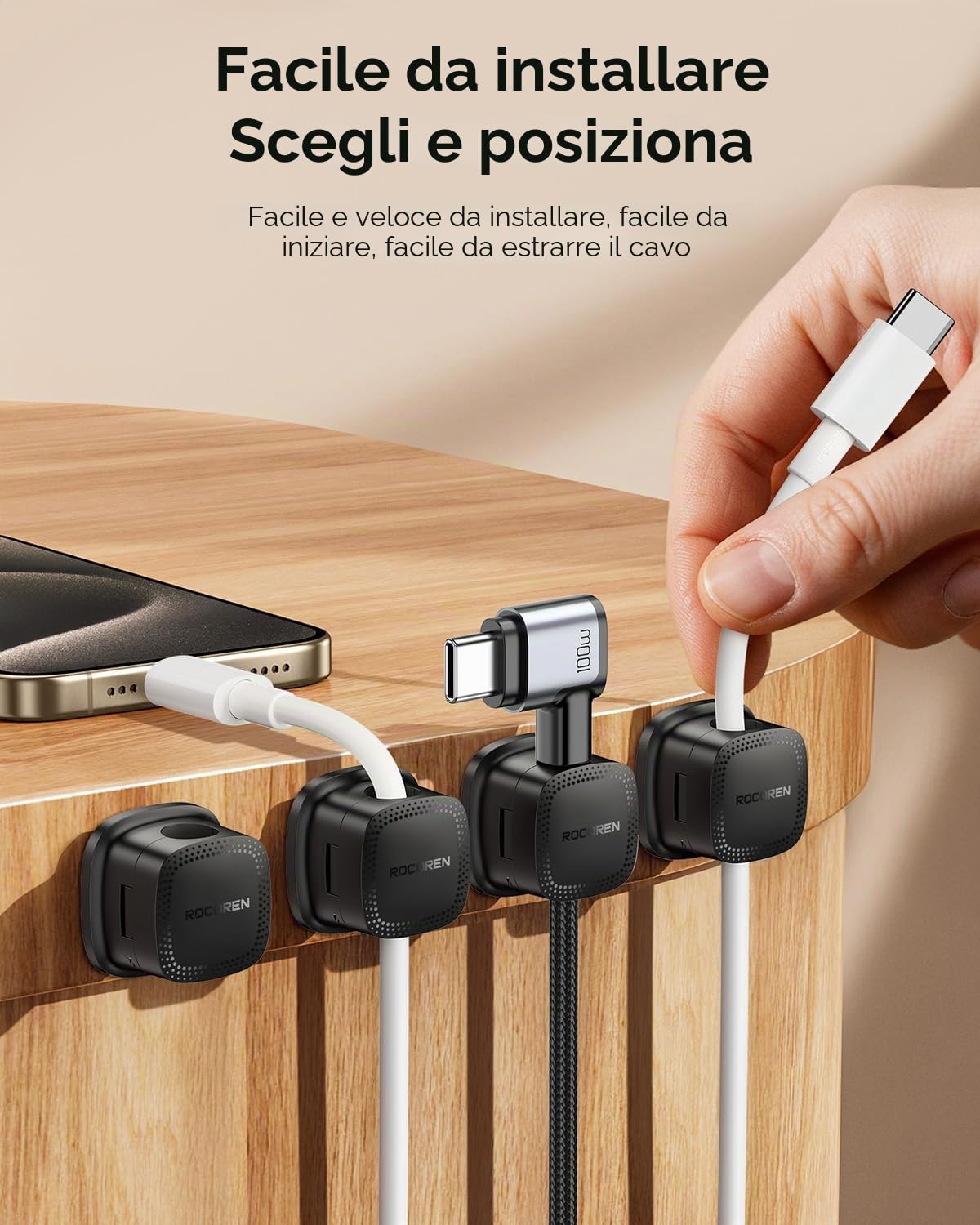 Rocoren 30 Pezzi Ferma Cavi Adesivi, Supporto Magnetici per Cavi, Organizer per Cavi per Scrivania, Parete, Casa, Ufficio, Auto, Compatibile con Cavo di Alimentazione, HDMI, Cavo di Ricarica (Nero)