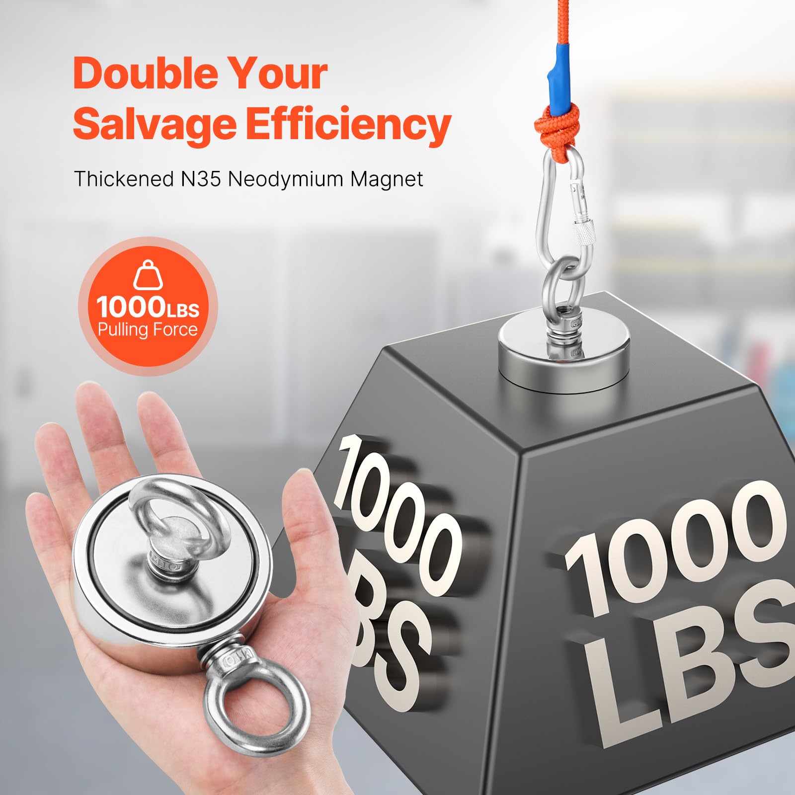 Happybuy Magnet Fishing Kit, 1000 LBS/454 Kg Double-Sided Pulling Force Powerful Magnet Fishing Set. Rare Earth Neodymium Kit Comes with Grappling Hook, Heavy Duty Rope, Gloves and Eyebolt