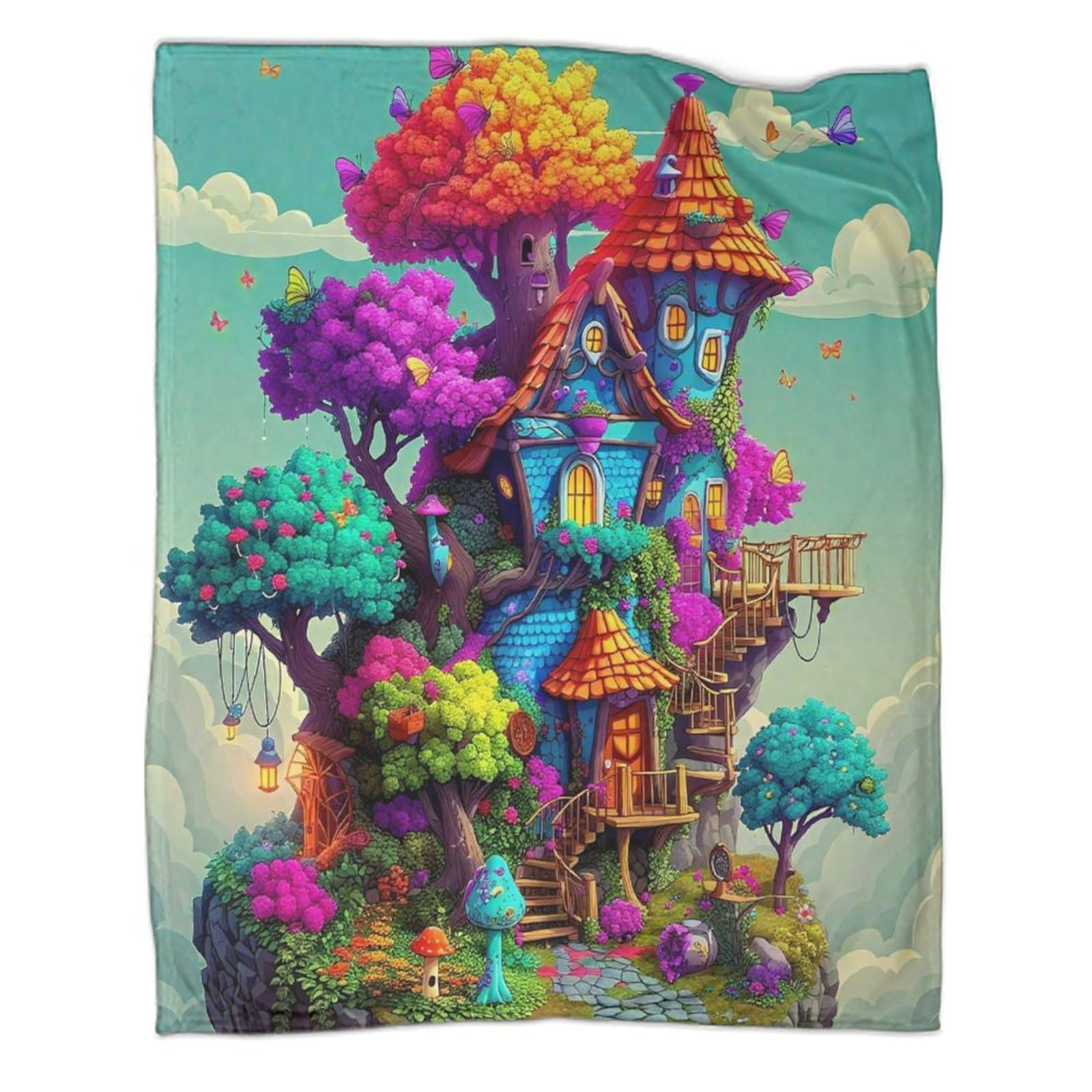 Couverture 3D en flanelle légère Maison arbre 150x200cm pour lit et canapé