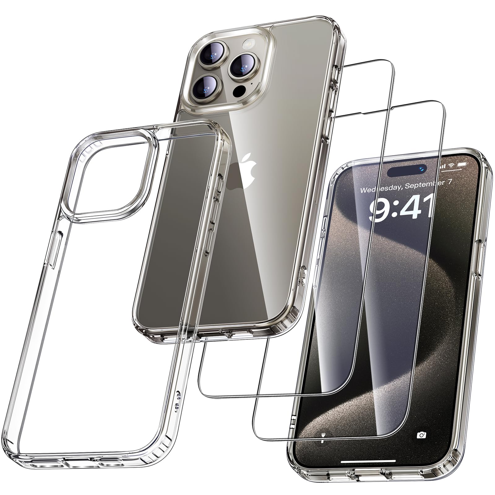 UniqueMe für iPhone 15 Pro Hülle, Handyhülle für iPhone 15 Pro Case Rundumschutz Schutzhülle Cover, 1 Handyhülle & 2 Schutzfolie - Transparent