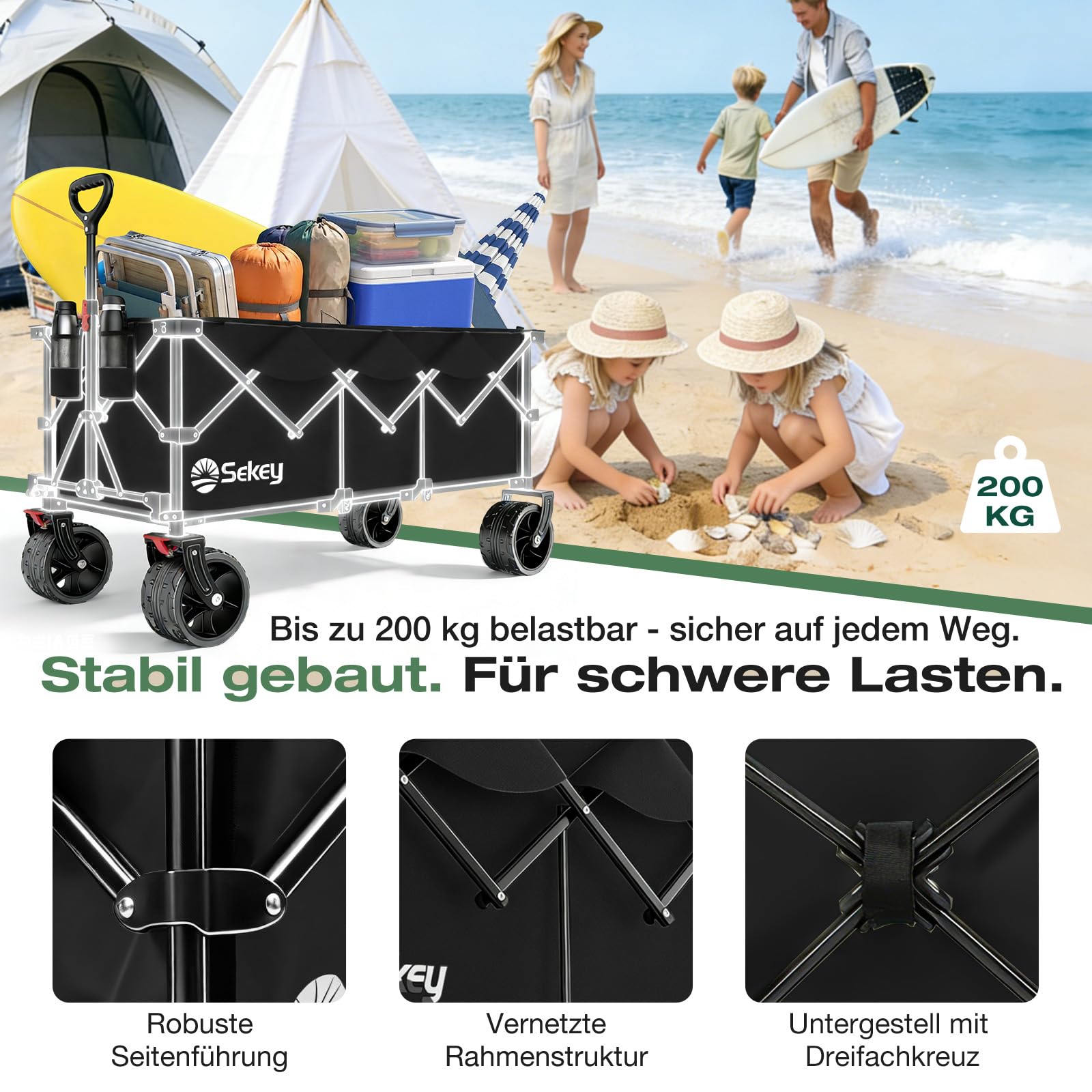 Sekey XXXL Bollerwagen Faltbar 300L 200KG All-Terrain-Räder Transportwagen Schwarz