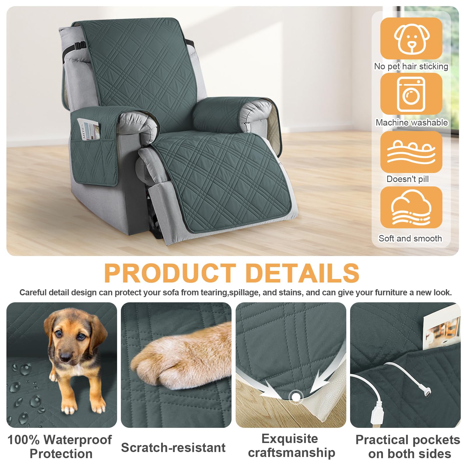Ligbankhoes, fauteuilhoes, fauteuilbeschermer, stoelbeschermer met zakken, televisiestoel, beschermhoes, antislip, voor thuis, met kinderen en huisdieren, honden, grijs, groot