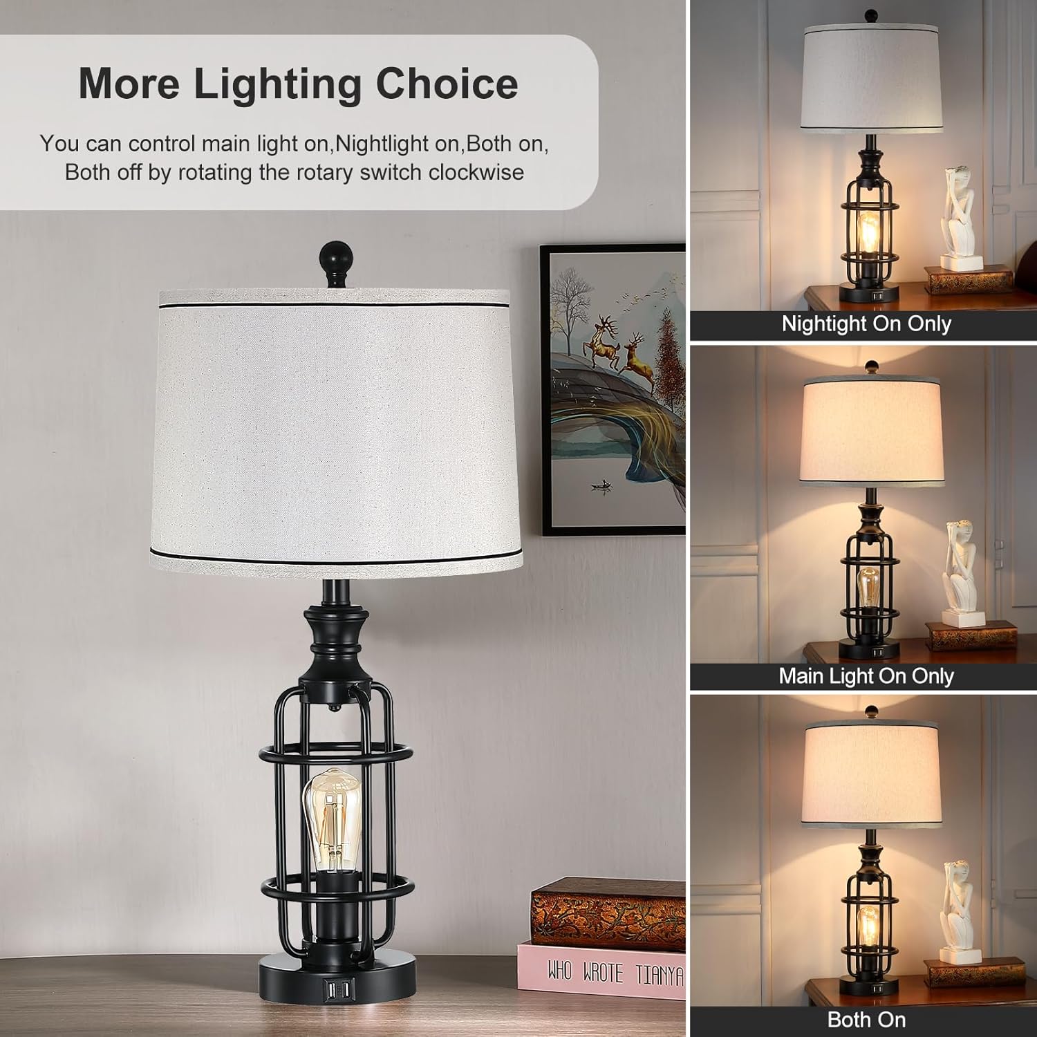 26.3”Table Lamps Set of 2 with USB Charging Ports,Farmhouse Bedside Nightstand Lamp with Rotary Switch,Rustic Reading Lamps Industrial Desk Lamps for Bedroom Living Room,Bulbs Included