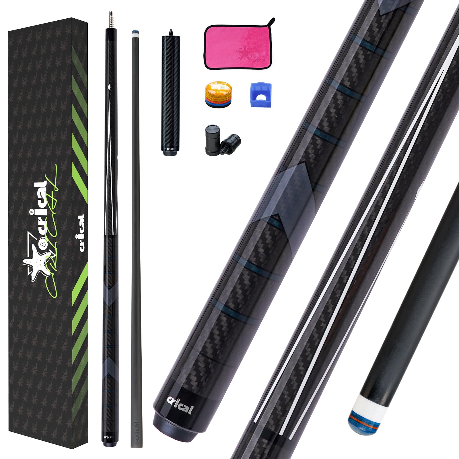 CRICAL Carbon Fiber Pool Cue Stick 58" Billiard Cue Sticks Professional Low Deflection Pool Sticks with 3/8 * 8 Pin Joint and 12.5mm Tip