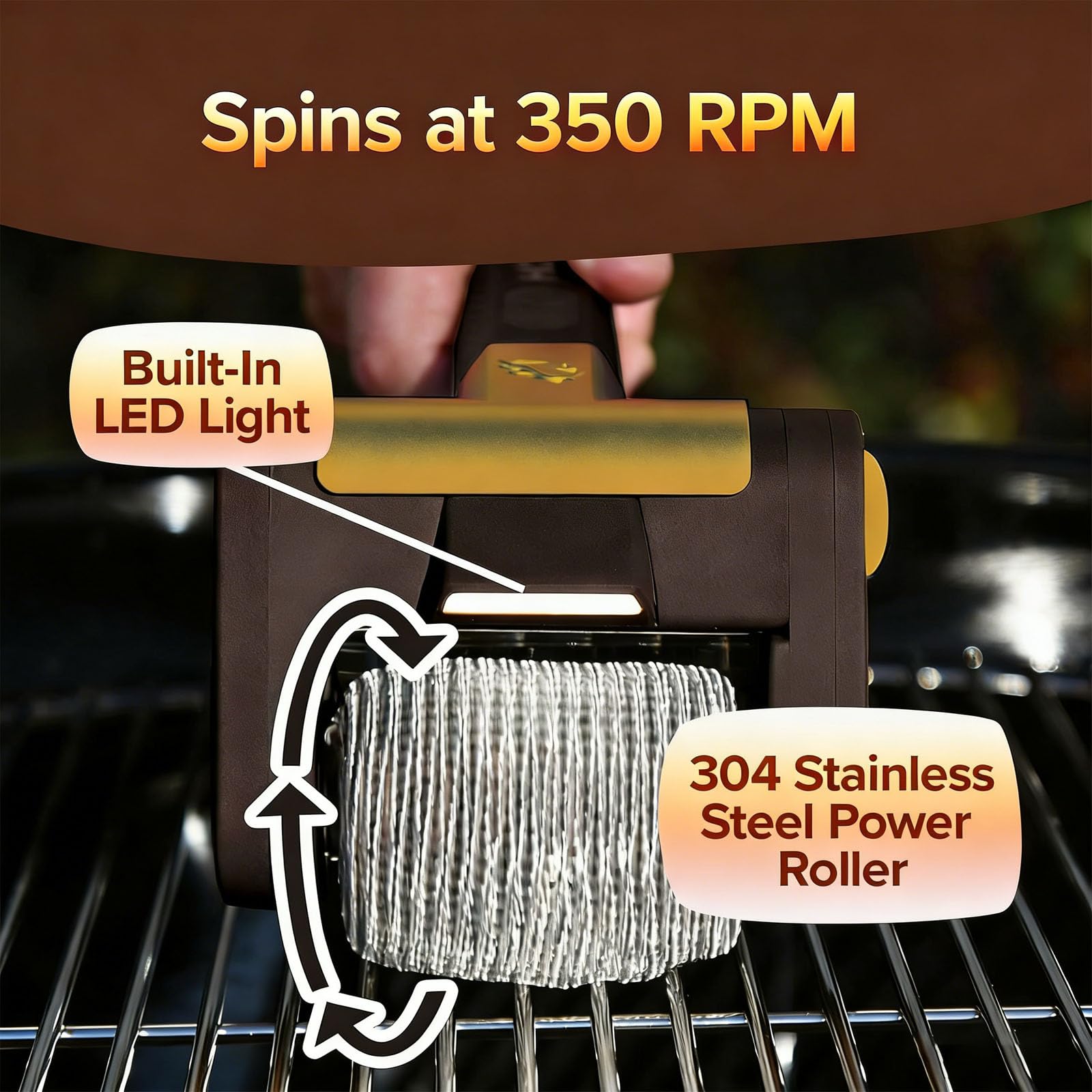 Spazzola elettrica per la pulizia della griglia, testa in acciaio inox senza setole, con luce LED, motore da 350 giri/min, strumento di pulizia ricaricabile per barbecue a gas in porcellana