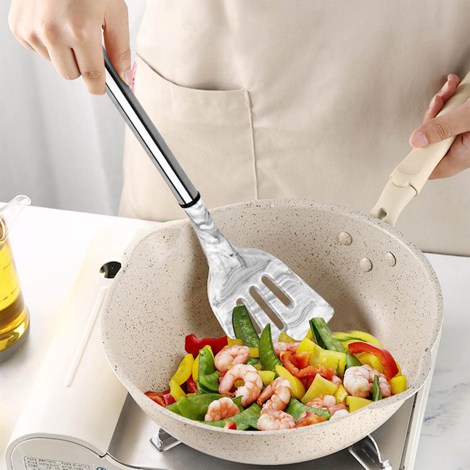 Ensemble D'ustensiles de Cuisine 11pcs Acier Inoxydable Silicone Ustensiles de Cuisine Style Marbre avec Accordeur Fendu Louche Spatule Cuillère Serveur de Pâtes Fouet