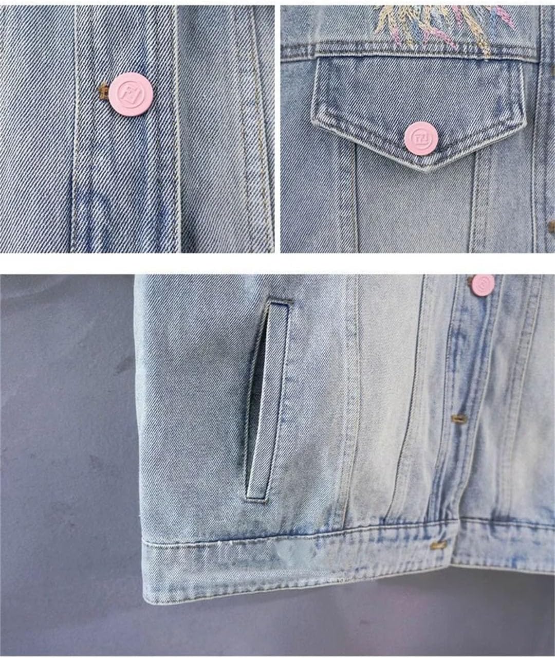 Women Vintage Embroidery Denim Jacket Loose Denim Coat