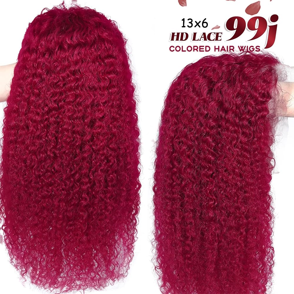 ZGWG 13X6 99J Burgundy Lace Front Wigs Human Hair 180% Density Burgundy Curly Lace Front Wig Human Hair Hd Transparent Frontal Wig 24Inch