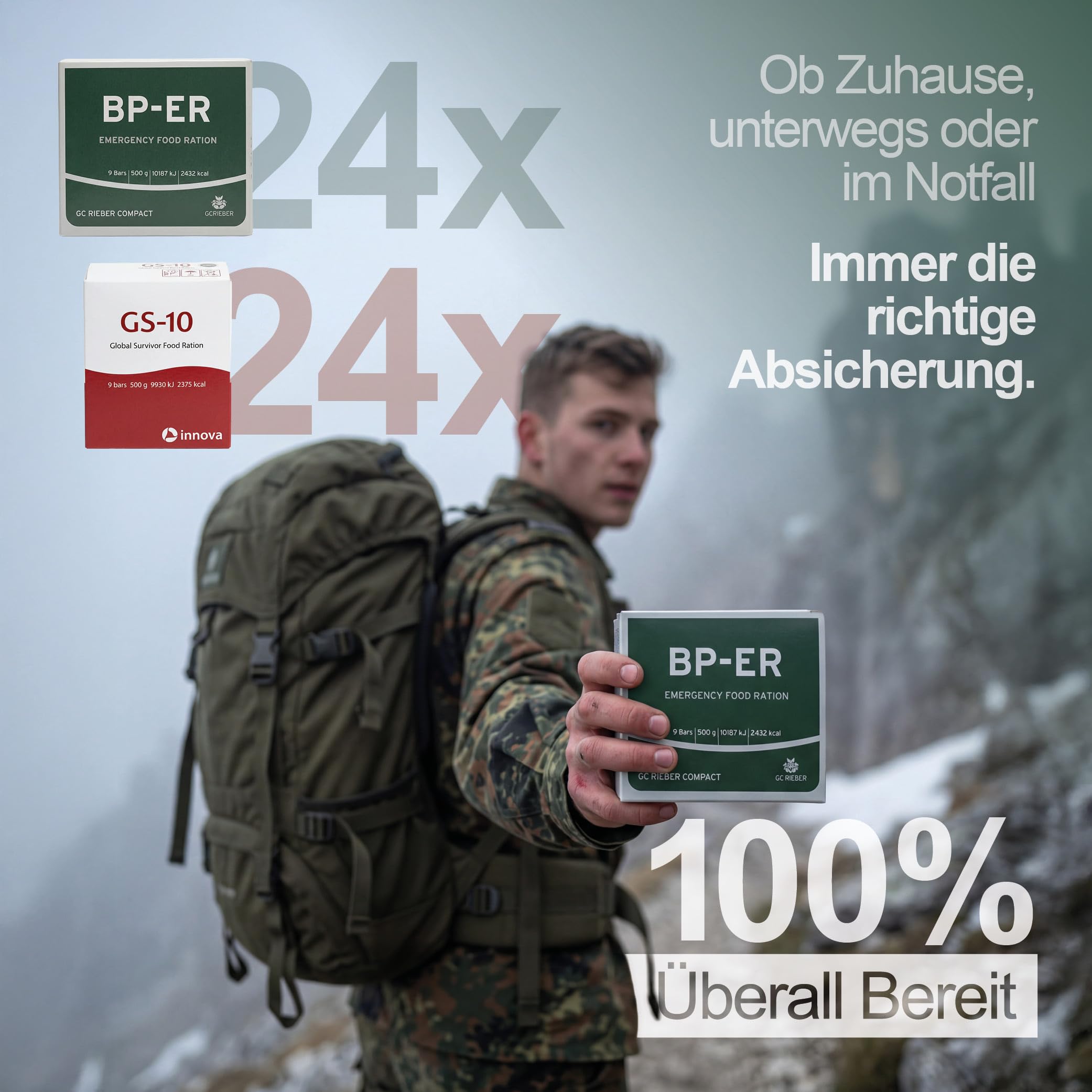 GS-10 & BP-ER Emergency Food Set 48x 500g – 20 Jahre Langzeitnahrung zur Krisenvorsorge & Blackout – Sofort verzehrfertige Notration, vegetarisch, lange haltbar – Survival Food für den Notvorrat