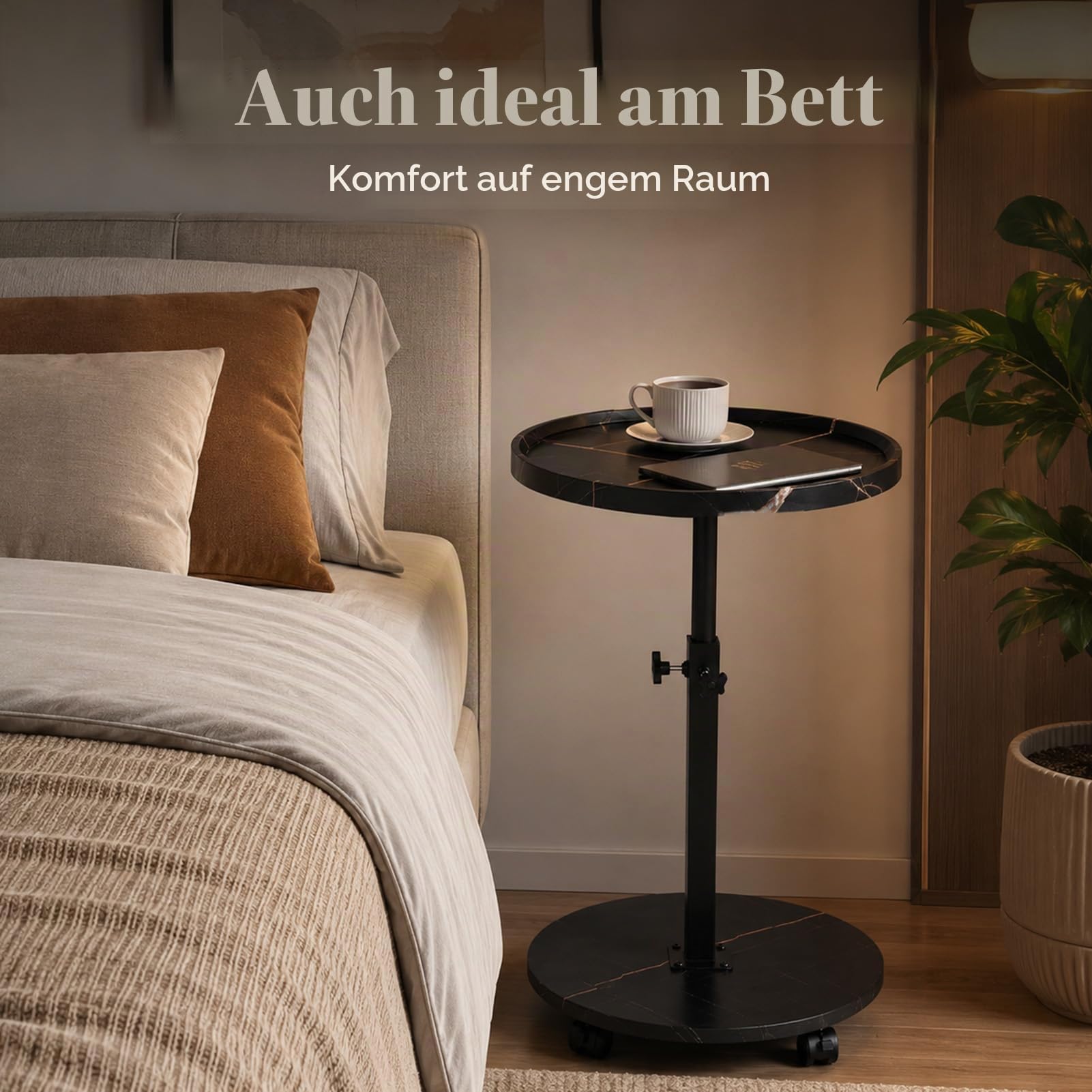 Beistelltisch Rund mit Rollen | Beistelltisch Höhenverstellbar (45-80cm) | Runde Beistelltische Holz Haben 360° Rotierend Nussbaum Finish | Couchtisch Klein für Wohnzimmer Sofa Couch (Schwarz)